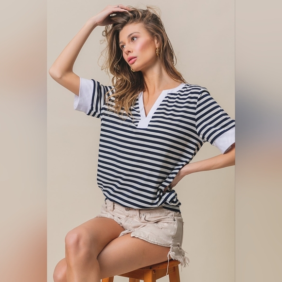 BiBi Tops - Just In!! BiBi Contrast Striped Notched Knit Top